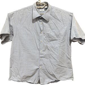 Van Heusen Mens Button Up Shirt XL Blue Brown Plaid Short Sleeve 100% Cotton